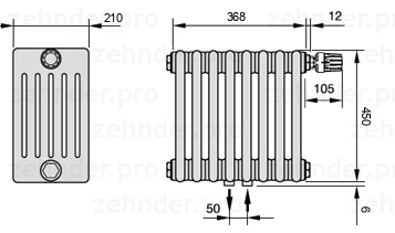 Схема (чертеж) Радиатор Zehnder Charleston 6045/8 №V008 Белый глянцевый RAL 9016